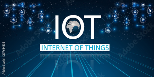 Internet of things (IOT), devices and connectivity concepts on a network, cloud at center. digital circuit board above the planet Earth.