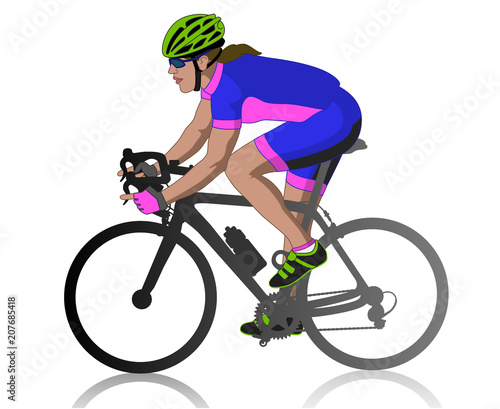female cyclist racing on road, profile view, isolated on a white background