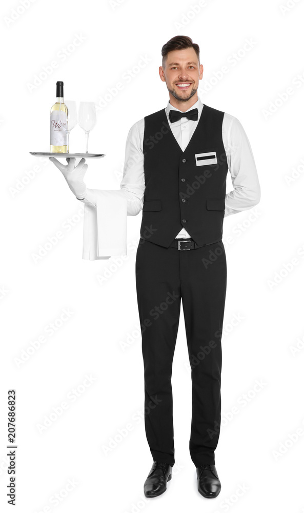 Handsome waiter holding tray with glass and bottle of wine on white background Handsome waiter holding tray with glass and bottle of wine on white background