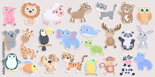 Fototapeta Naklejka Na Ścianę i Meble -  Cute animal sticker set. Flat design