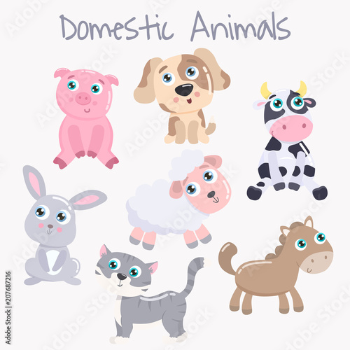Cute domestic animals. Flat design