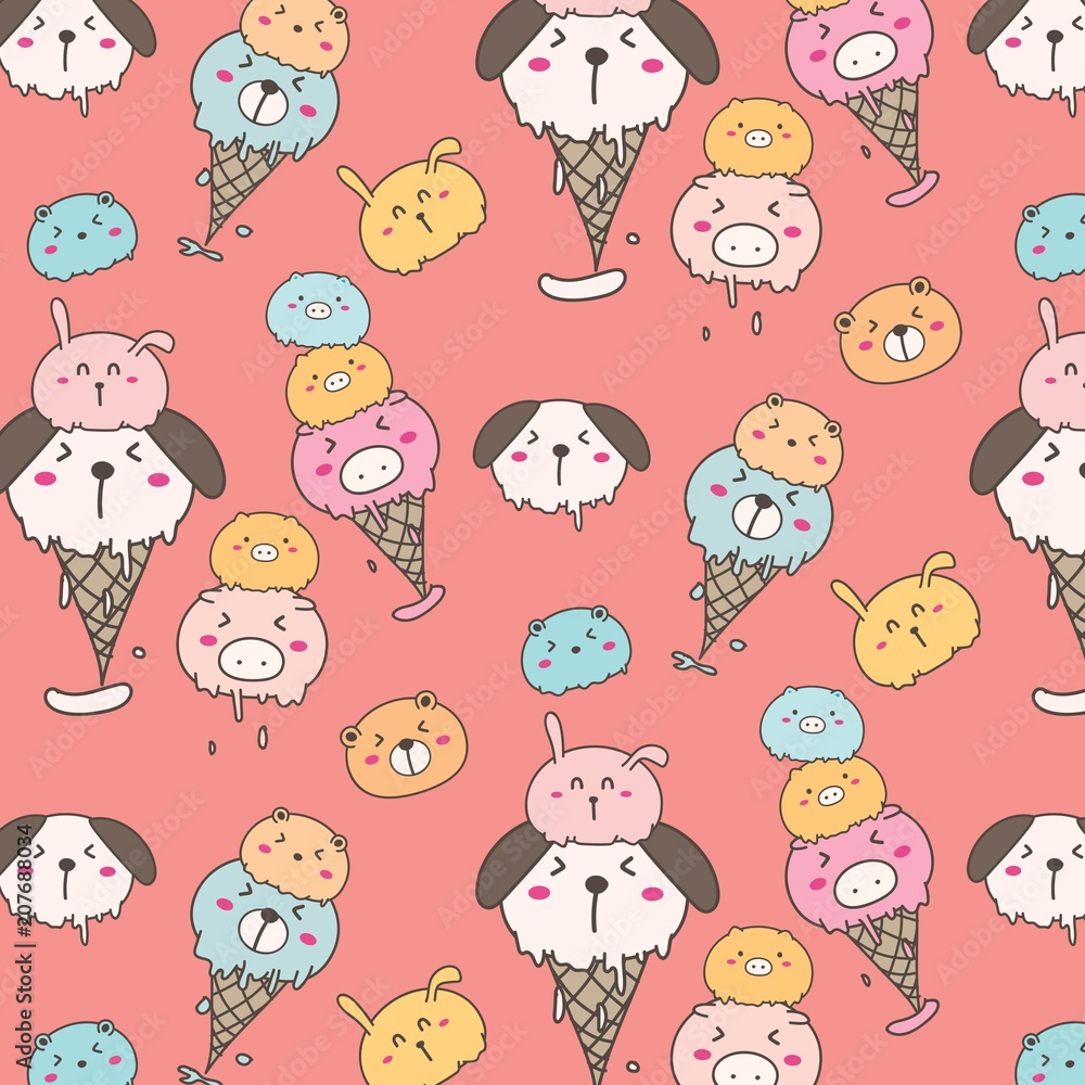 Cute Animal Ice Cream Pattern Background. Hand Drawn Vector Illustration.