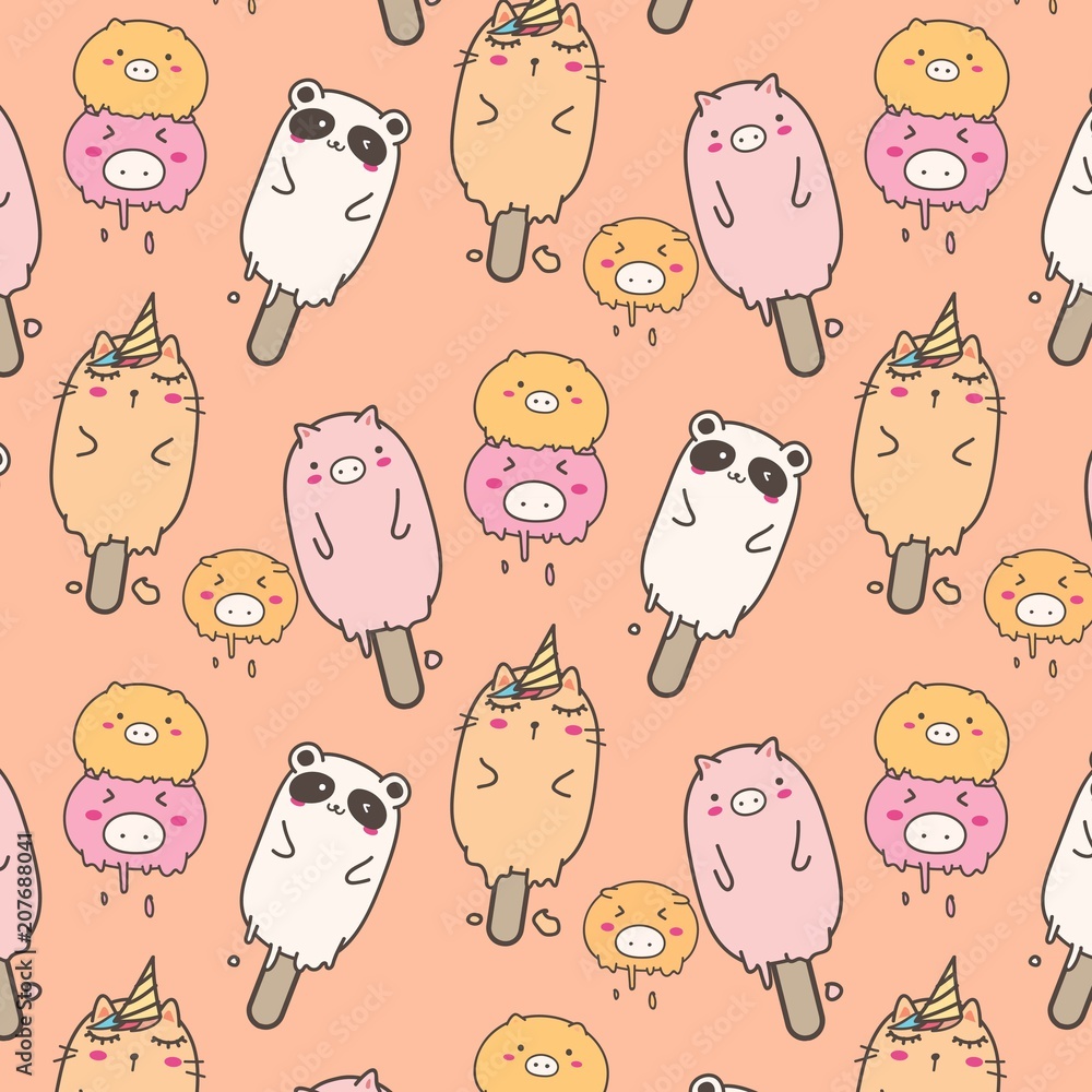 Cute Animal Ice Cream Pattern Background. Hand Drawn Vector Illustration.