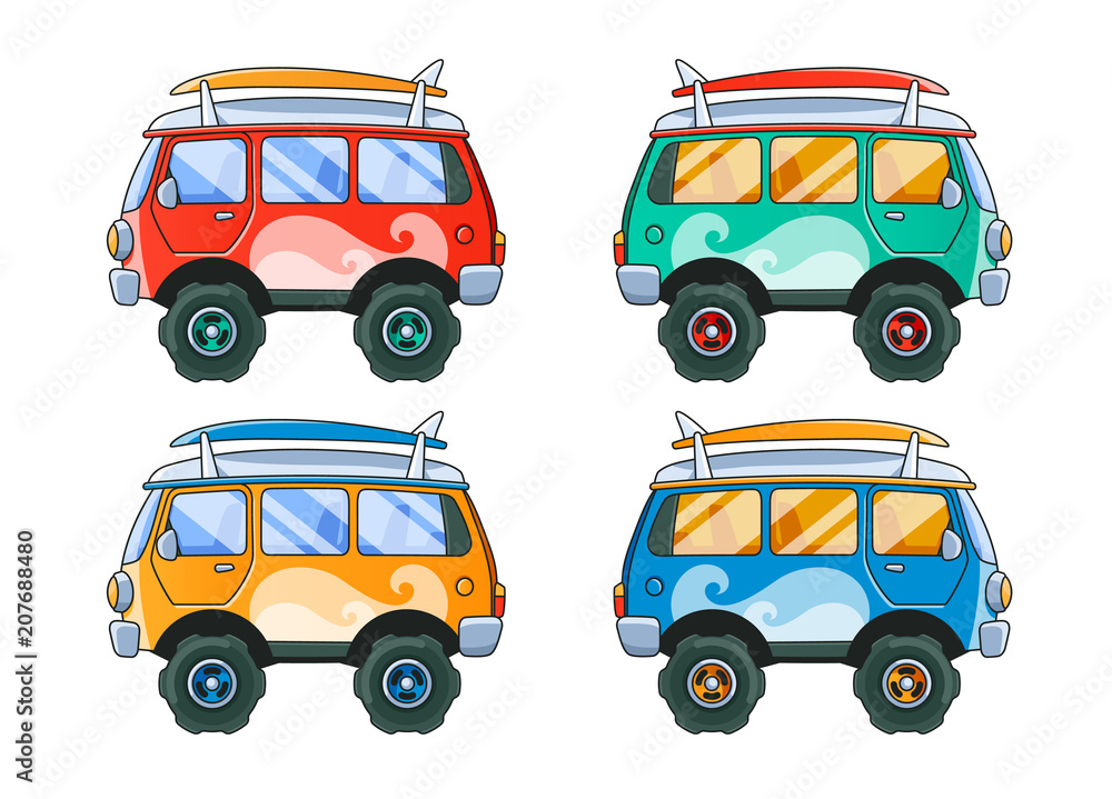 Vintage Red Bus Side View. 4 Color Variations