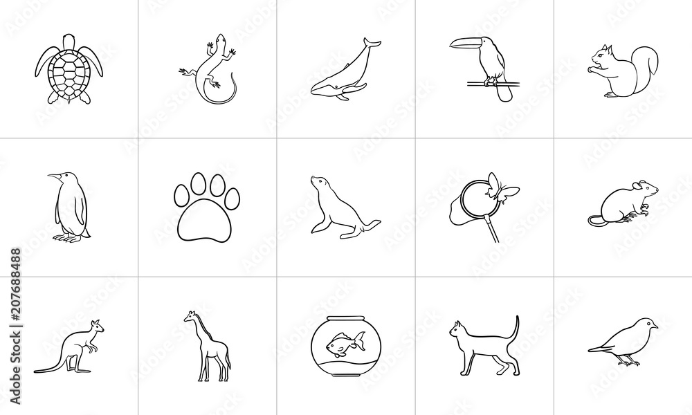 Obraz premium Animals sketch icon set for web, mobile and infographics. Hand drawn animals vector icon set isolated on white background.