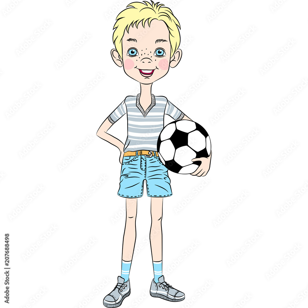 Young sports boy with soccer ball on the white background