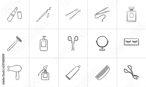 Beauty accessories sketch icon set for web, mobile and infographics. Hand drawn beauty accessories vector icon set isolated on white background.