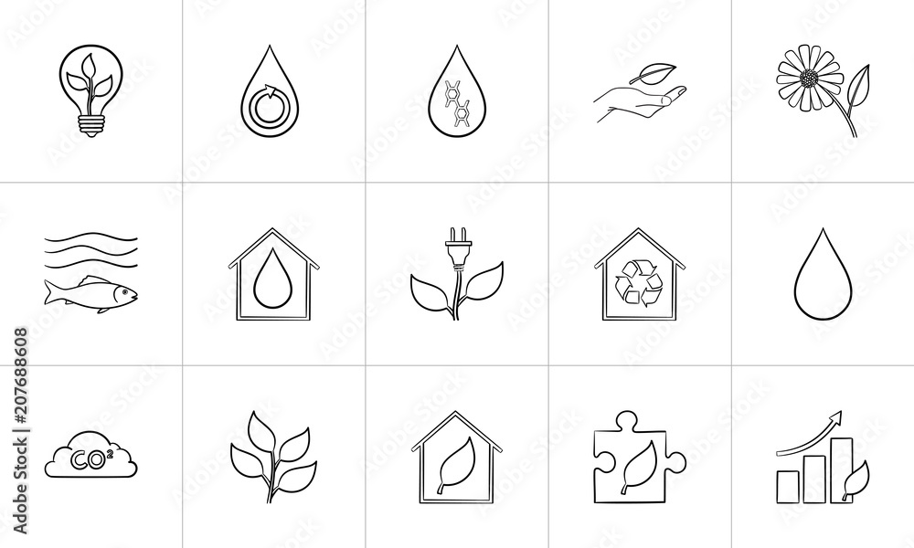 Ecology outline doodle icon set for print, web, mobile and infographics. Hand drawn ecology vector sketch illustration set isolated on white background.