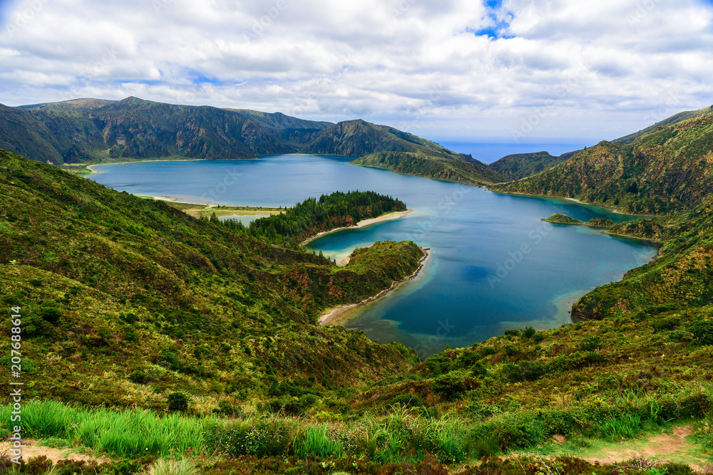 Beautiful view of lake lagoa do Fogo from the mountains on San Miguel Island, Azore