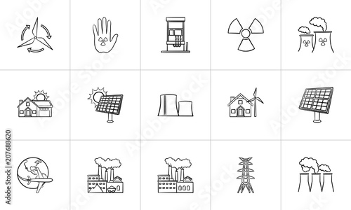 Ecology outline doodle icon set for print, web, mobile and infographics. Hand drawn ecology vector sketch illustration set isolated on white background.