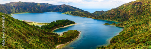 panoramic view of lake lagoa do Fogo from the mountains on San Miguel Island, Azores photo