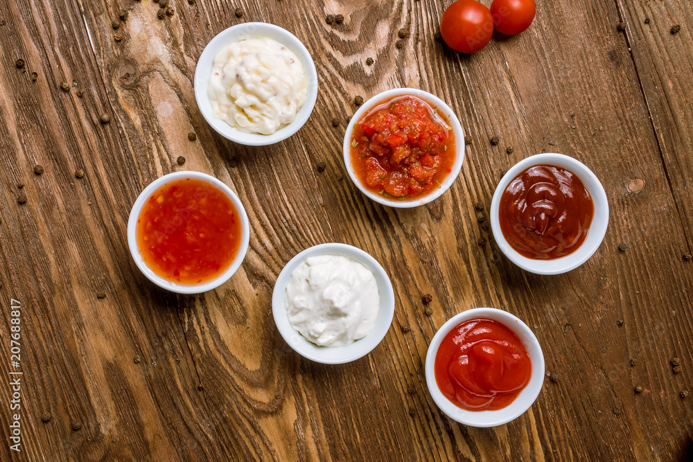 assorted sauces top view assorted sauces top view