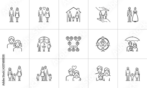 Wedding and family hand drawn outline doodle icon set for print, web, mobile and infographics. Family vector sketch illustration set isolated on white background.