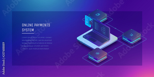 Payment system online. Digital financial service. Laptop with a bank card, money orders and financial transactions. Vector illustration isometric style.