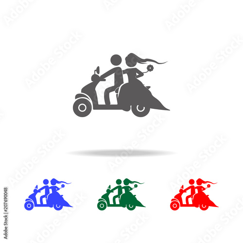 silhouette of a newlywed couple on a scooter icon. Elements of wedding in multi colored icons. Premium quality graphic design icon. Simple icon for websites, web design, mobile app