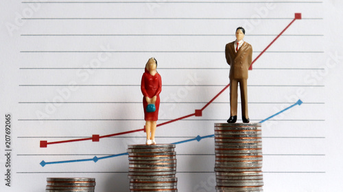 Fotografia Miniature people standing on a pile of coins in front of a graph