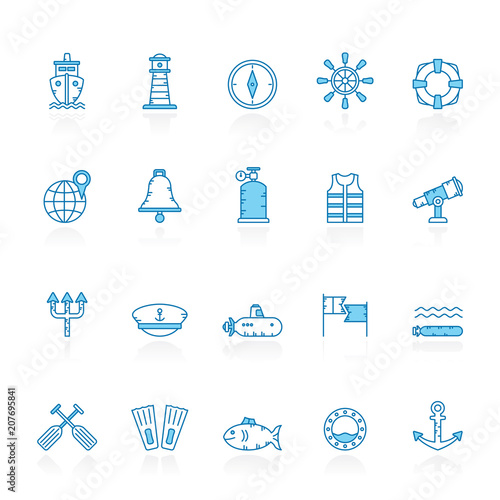 Line with blue background Navy, Marine, Sailing and Sea Icons - Vector Icon Set