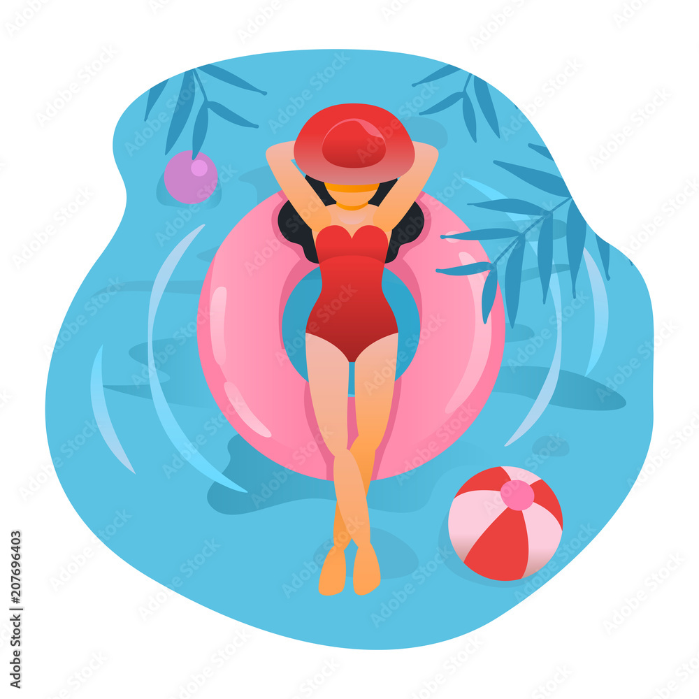 Woman sunbathing at beach or pool, girl relaxing at summer season illustration