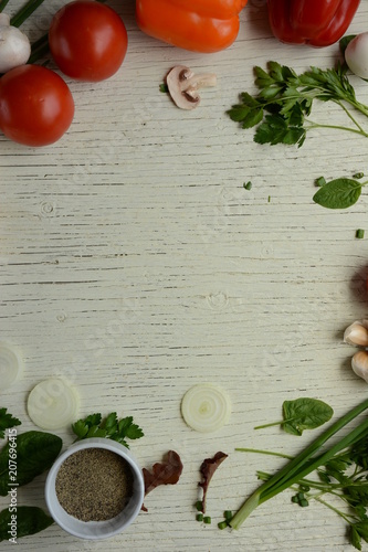 Healthy food . Creative layout made of tomato, mushrooms and salad leaves. Flat lay. Food concept. Banner. Top view. 