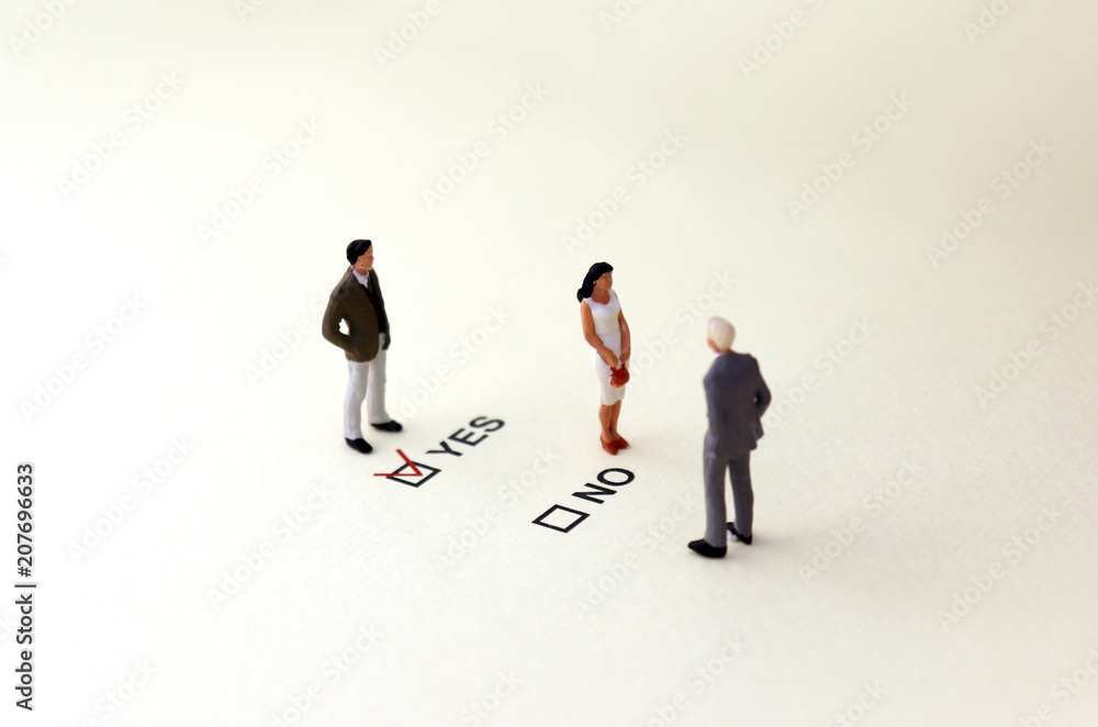 YES and NO check boxes with red check mark in the YES box. An unfair concept of sexual discrimination at the interview. YES and NO check boxes with red check mark in the YES box. An unfair concept of sexual discrimination at the interview.