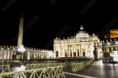 Night time image of St. Peter   s Basilica in Vatican City.