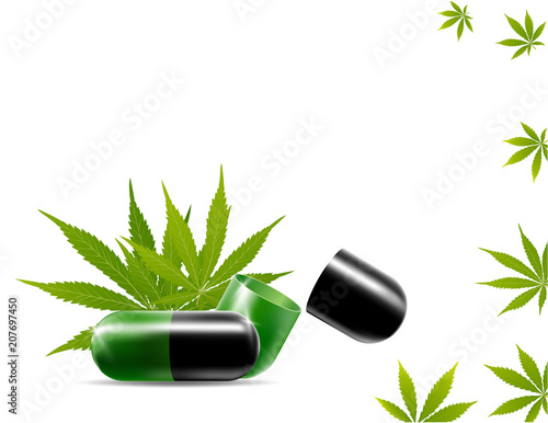 Medical capsules with cannabis leaf, 3d illustration alternative medicine concept.