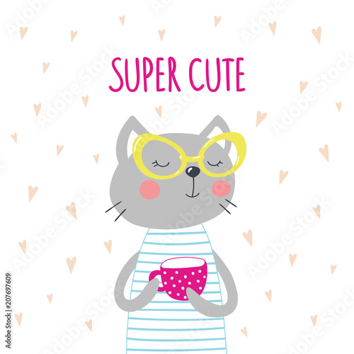 Cute cartoon cat in yellow glasses holds a cup of drink.