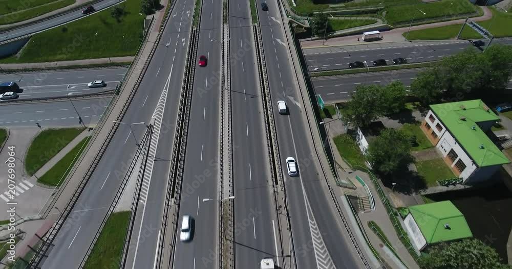 Highway Traffic. View Of Bridge Siekierkowski. Aerial Shot Highway Traffic. View Of Bridge Siekierkowski. Aerial Shot