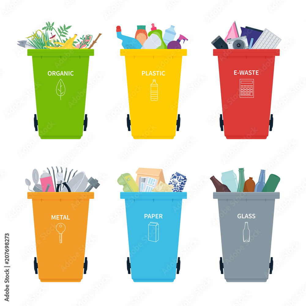 Rubbish bins full of different types of recycling waste. Stock Vector