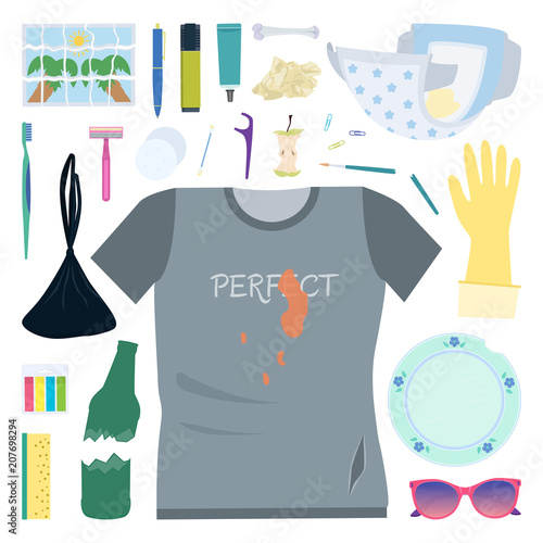 Types of waste. Different old, used, damaged and broken objects to trash.