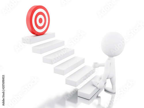 3d White people stepping up to the target on top of the stairs.