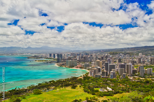 Honolulu, Hawaii on a bright sunny day taken from up high on Diamond Head.