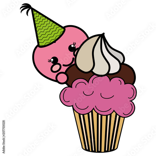 heart emoji face with party hat and cupcake vector illustration design