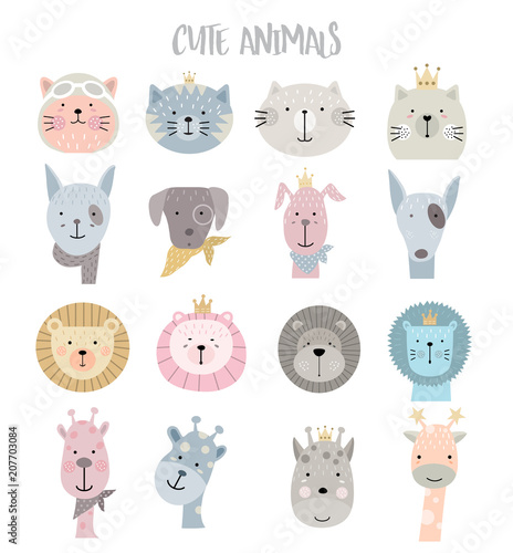 Cartoon animal icons set  for t-shirt, print, product, flyer ,patch, fabric, textile,tile,card, greeting  fashion,baby, kid, shower, powder,soap, hand drawn style. vector illustration