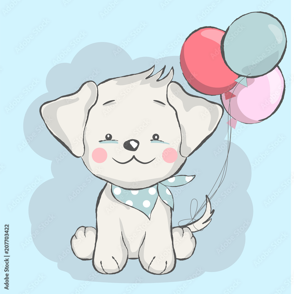 cute baby dog with balloon cartoon  for t-shirt, print, product, flyer ,patch, fabric, textile,tile,card, greeting  fashion,baby, kid, shower, powder,soap, hand drawn style. vector illustration