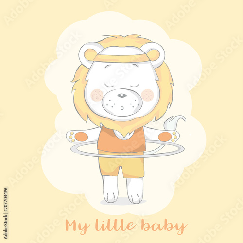 cute baby lion with sport cartoon  for t-shirt, print, product, flyer ,patch, fabric, textile,tile,card, greeting  fashion,baby, kid, shower, powder,soap, hand drawn style. vector illustration
