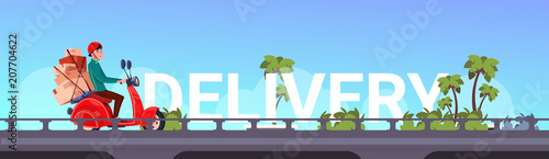 Delivery service, man courier riding scooter or motorcycle with parcel over inter city landscape flat vector illustration