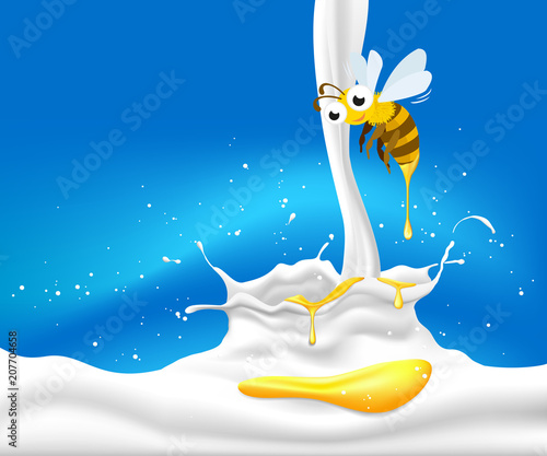 Honey drop with bee on splash milk, illustration design.
