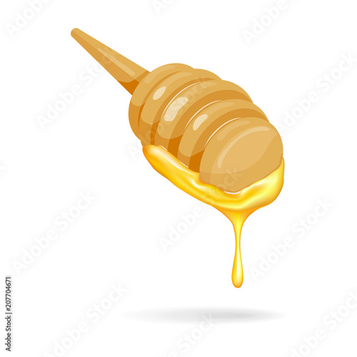 Flowing honey on wooden honey stick.