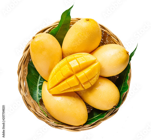 fresh Yellow mango Beautiful Skin In the basket isolate