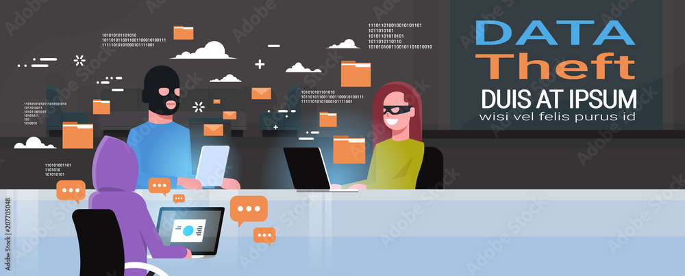 Hackers Group Wearing Black Masks Sitting At Gadgets Viruses Data Privacy Attack Internet Information Security Hacker Activity Concept Flat Vector illustration Hackers Group Wearing Black Masks Sitting At Gadgets Viruses Data Privacy Attack Internet Information Security Hacker Activity Concept Flat Vector illustration