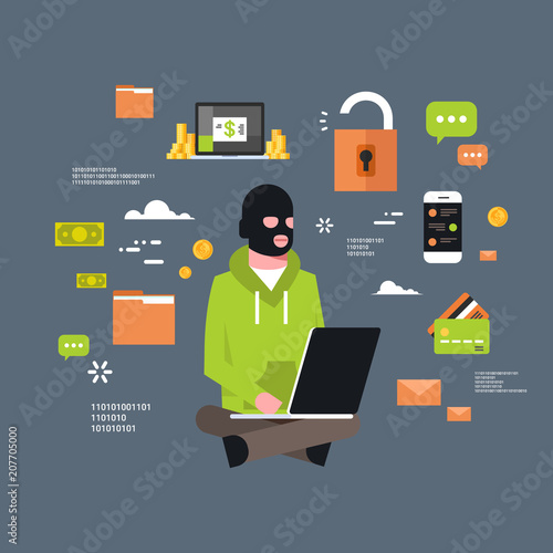 Man Black Mask Sitting At Computer Hacker Activity Concept Viruses Data Privacy Attack Internet Information Security Flat Vector illustration