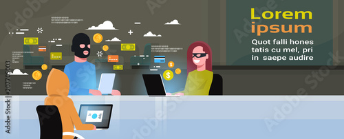 Hackers Group Wearing Black Masks Sitting At Gadgets Viruses Data Privacy Attack Credit Card Security Hacker Activity Concept Flat Vector illustration