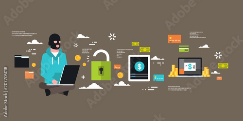 Man Black Mask Sitting At Computer Hacker Activity Concept Viruses Data Privacy Attack Internet Information Security Flat Vector illustration