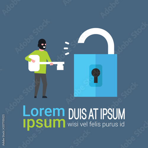 Hacker Crack Padlock Hold Key In Hands Hacking Private Database Cyber Security Concept Flat Vector Illustration