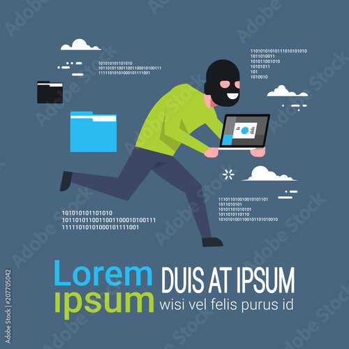 Man In Black Mask Tapped Laptop Run Away Hacker Theft Private Information Flat Vector illustration
