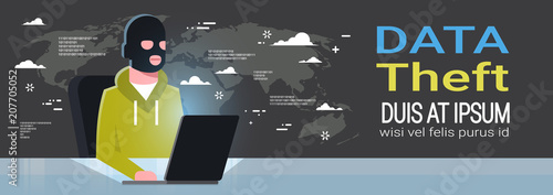 Man Black Mask Sitting At Computer Hacker Activity Concept Viruses Data Privacy Attack Internet Information Security Flat Background Vector Illustrator
