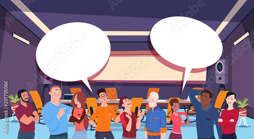 casual people group chat communication bubble, businesspeople discussing communication social network flat vector illustration