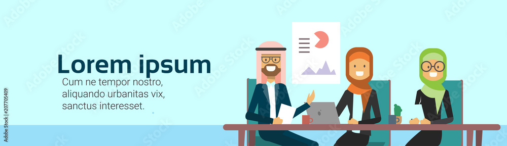arab business people group presentation finance data, arabic businesspeople team training conference muslim meeting banner with copy space flat vector illustration arab business people group presentation finance data, arabic businesspeople team training conference muslim meeting banner with copy space flat vector illustration