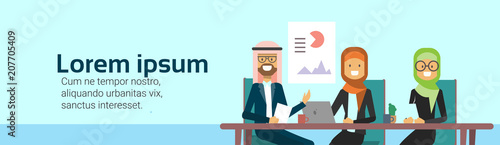 arab business people group presentation finance data, arabic businesspeople team training conference muslim meeting banner with copy space flat vector illustration